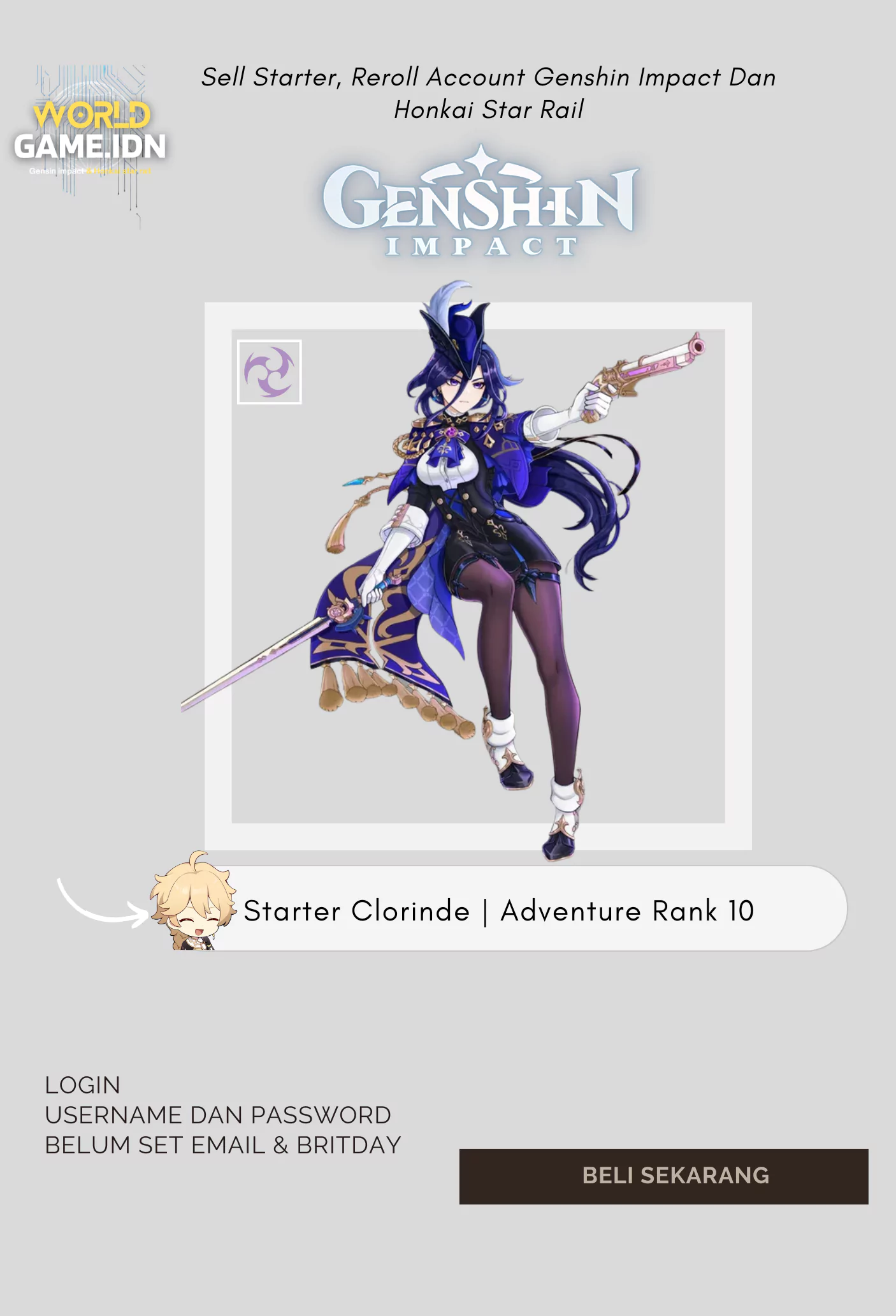 Starter Clorinde | Adventure Rank 10 Aether MC